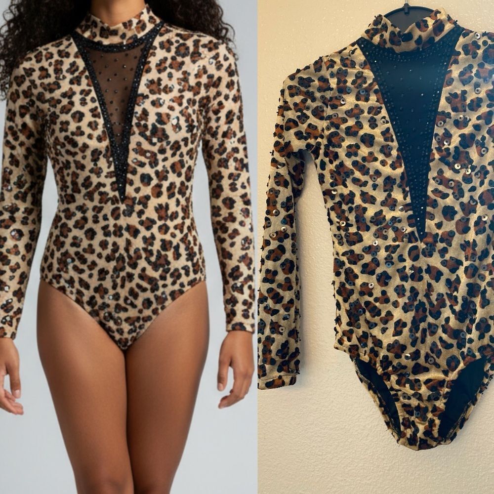 Glamour solo dance costume animal print velvet leotard long sleeve LC child